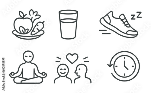 Healthy Lifestyle Icons. Outline icon set of healthy lifestyle habits: balanced diet, water glass, running