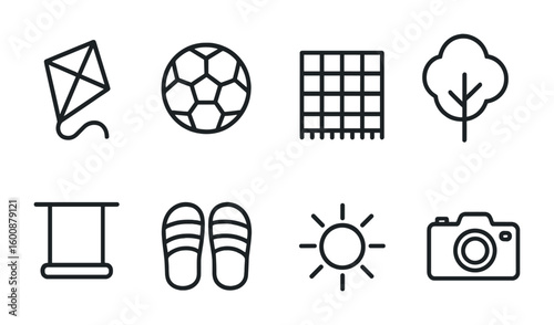Outdoor Family Icons. Outline icon set of outdoor family activities: kite, soccer ball, picnic blanket, tree,