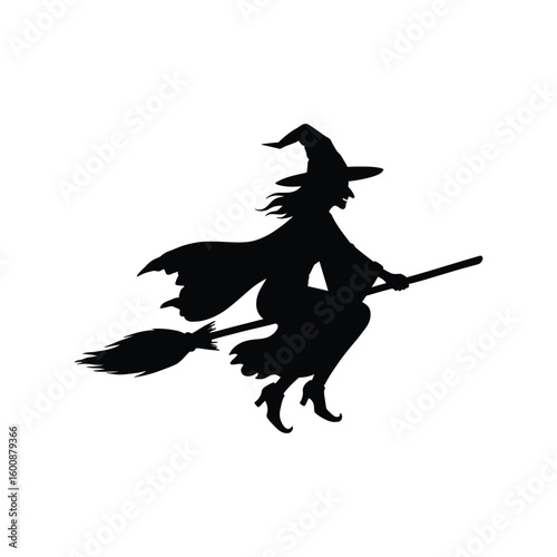 Flying Witch Silhouette on Broomstick for Halloween and Magical Designs