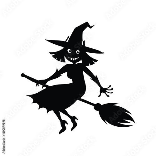 Flying Witch Silhouette on Broomstick for Halloween and Magical Designs