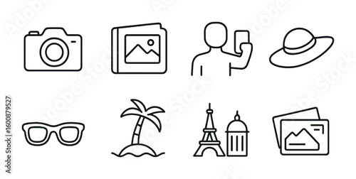 Vacation Photography Icons. Outline icon set of vacation photography: camera, photo album, selfie, sunhat,