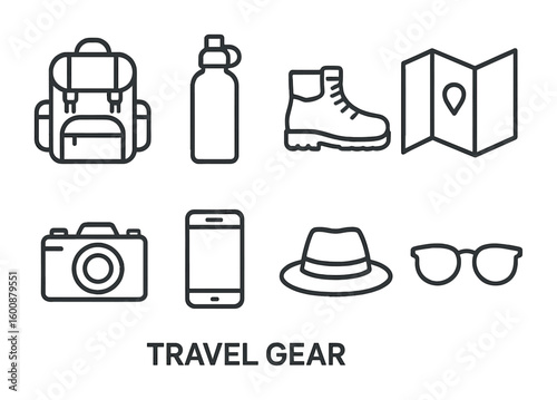 Travel Gear Icons. Outline icon set of travel gear: backpack, water bottle, hiking boots, map, camera, phone,