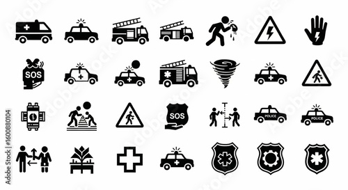 Emergency and Safety Glyph Icon Set – Vector Ambulance, Fire, Police, SOS, Evacuation, Medical Aid, Disaster Response Symbols