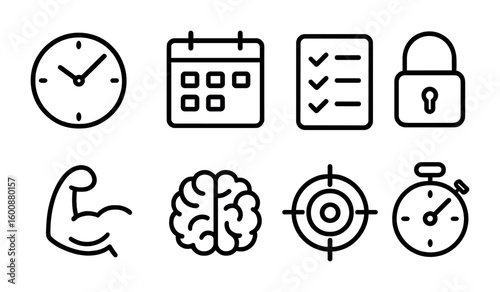 Self-Discipline Icons. Outline icon set of self-discipline: clock, calendar, checklist, padlock, muscle, brain