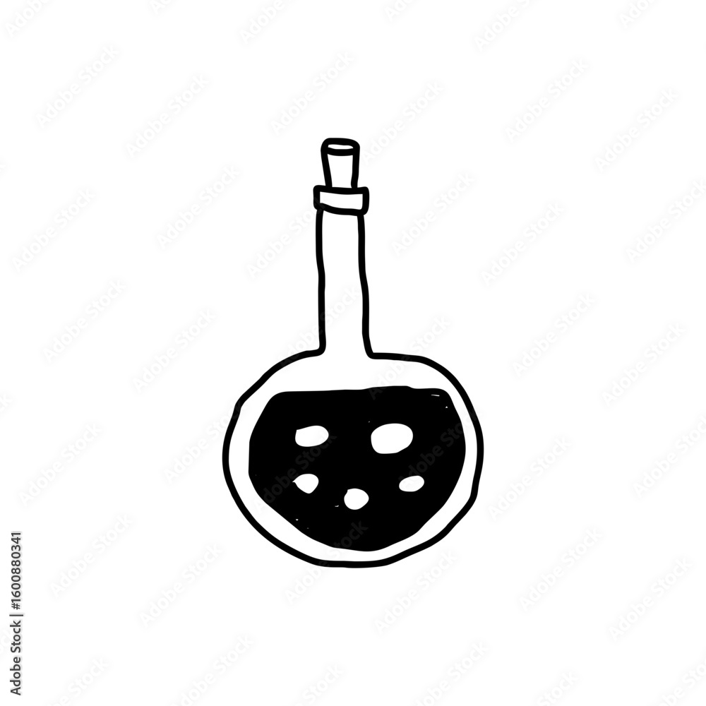 Halloween witch potion bottle with spooky liquid in hand drawn black doodle style on transparent background for magical party invites, spooky decor, and fantasy illustration projects Halloween witch potion bottle with spooky liquid in hand drawn black doodle style on transparent background for magical party invites, spooky decor, and fantasy illustration projects