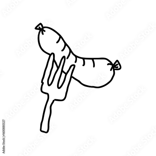 German sausage bratwurst on fork in playful black doodle style on transparent background, perfect for Oktoberfest menus, food illustrations, beer party decorations and German cuisine designs