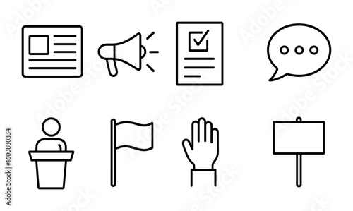 Political Awareness Icons. Outline icon set of political awareness: newspaper, megaphone, ballot paper, speech