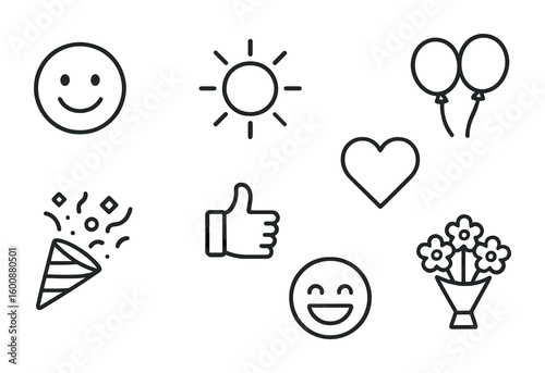 Joyful Icons Collection. Outline icon set of happiness: smiling face, sun, heart, balloons, confetti, thumbs