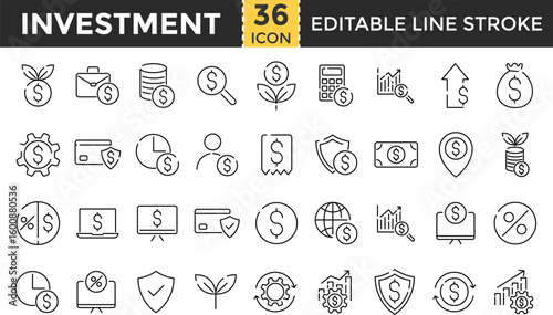 Investment Editable line stroke icon set. Finance and analytics line icon set. Investment outline icons collection, Pixel Perfect, Editable Stroke. business, chart, data, trends symbols. mutual fund