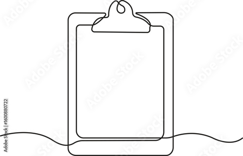 Minimalist continuous line drawing of a clipboard, symbolizing organization, office work, checklist, productivity, business planning, and modern document management for creative projects.