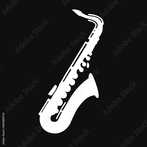 White saxophone silhouette stands against black background displaying musical artwork minimal composition.