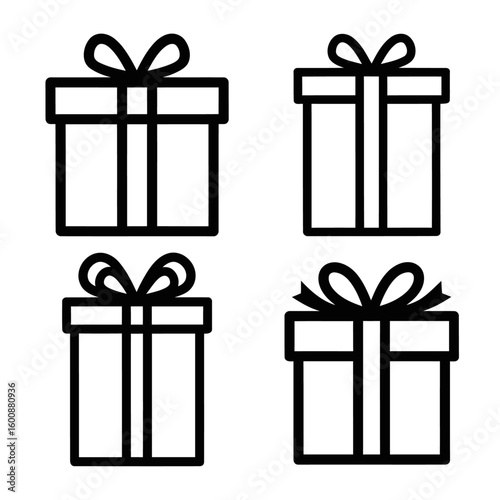 Gift Box Icons Set – Wrapped Present Boxes with Ribbon and Bow Line Art Vector Illustrations