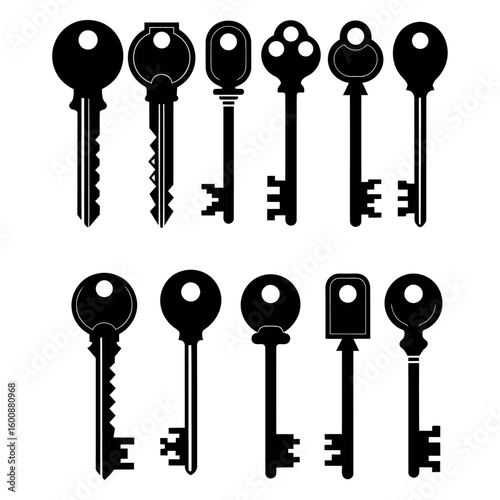 Key Silhouettes Vector Set – Modern and Vintage Door Keys Icons Collection