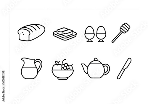 Breakfast Icons Set. Outline icon set of breakfast items: fresh bread, butter pats, boiled eggs, honey dipper,