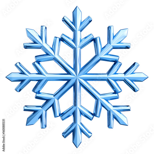 3D Glossy Ice Snowflake Icon with Crystal Texture and Shine, Angled Perspective, Isolated on Transparent Background