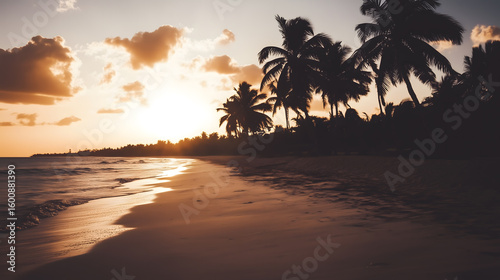 Tropical beach at sunset with silhouetted palm trees, ideal for vacation, travel, and paradise concepts