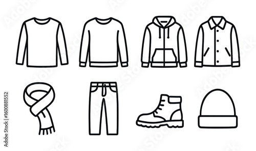 Layered Fall Clothing Icons. Outline icon set of Layered clothing for fall: long sleeve shirt, sweater, zip-up