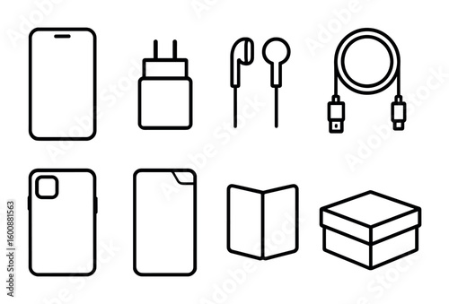 Smartphone Unboxing Icons. Outline icon set of unboxing the latest smartphone and accessories: smartphone,
