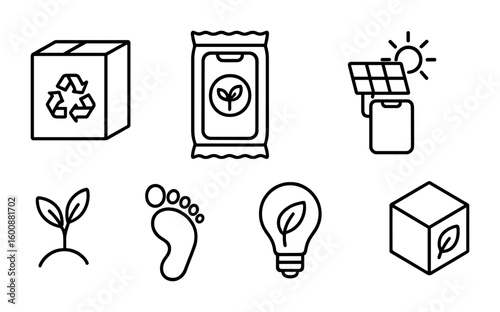 Eco-Friendly Phone Icons. Outline icon set of eco-friendly phone packaging: recycled box, biodegradable wrap,