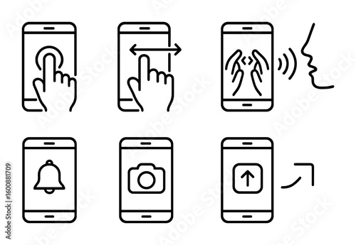 Smartphone Interaction Icons. Outline icon set of smartphone user interactions: touch screen, swipe, pinch