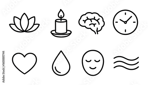Mindfulness Icons Set. Outline icon set of mindfulness and healing: lotus, candle, brain, clock, heart, water