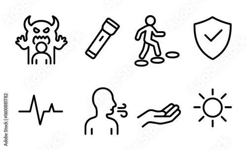 Overcoming Fear Icons. Outline icon set of overcoming fear and anxiety: monster shadow, light, stepping stones