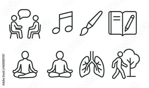Therapeutic Techniques Icons. Outline icon set of therapeutic techniques: talk therapy, music note, paintbrush