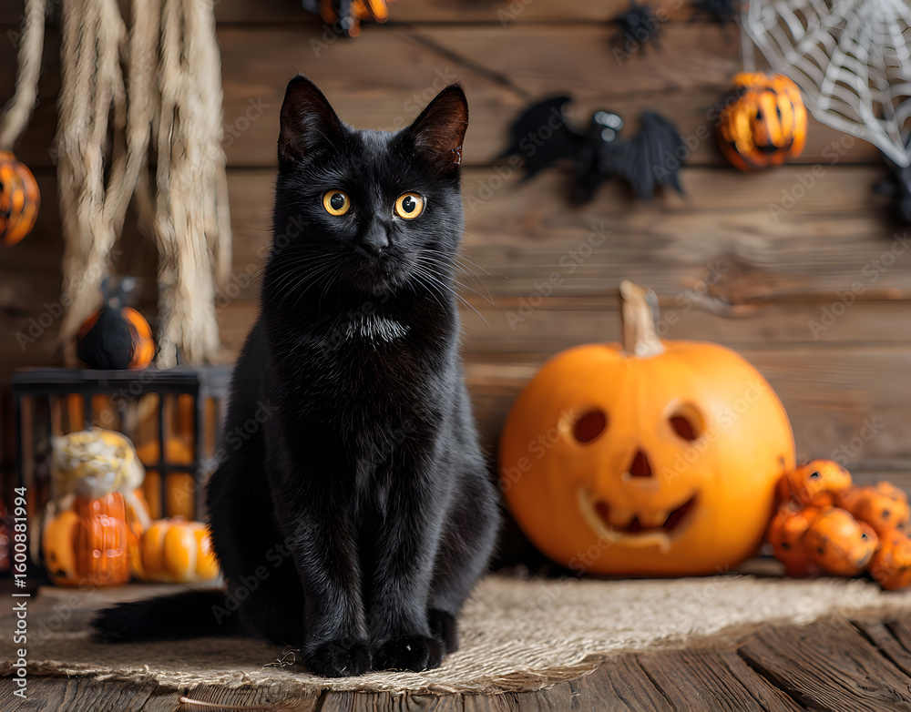 A black cat is sitting in front of a pumpkin and a spider web A black cat is sitting in front of a pumpkin and a spider web