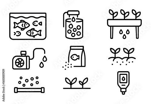 Aquaponics System Icons. Outline icon set of Aquaponics systems: fish tank, biofilter, grow bed, water