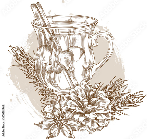 Monochrome sketch of a glass of mulled wine with a cinnamon stick, a pine branch and cone, anise.
