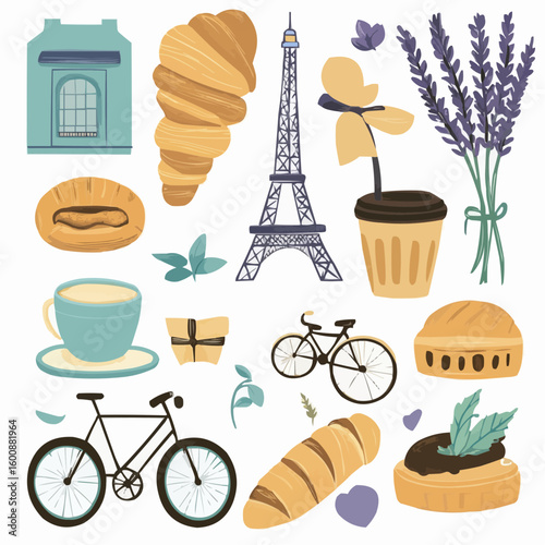 Set of simplified French objects including croissant, baguette, lavender, coffee, made as clean cartoon elements for printable packaging and product decoration