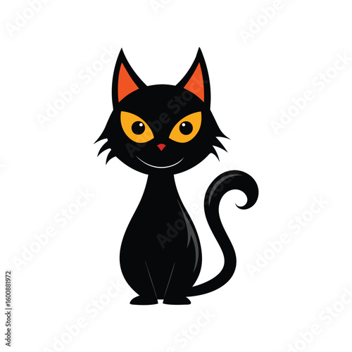 Adorable Black Cat Vector Illustration with Bright Orange Eyes for Halloween