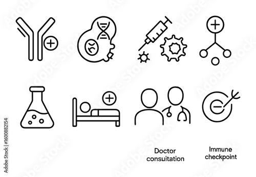 Immunotherapy Icon Set. Outline icon set of Immunotherapy treatments: antibody therapy, CAR-T cells, cancer