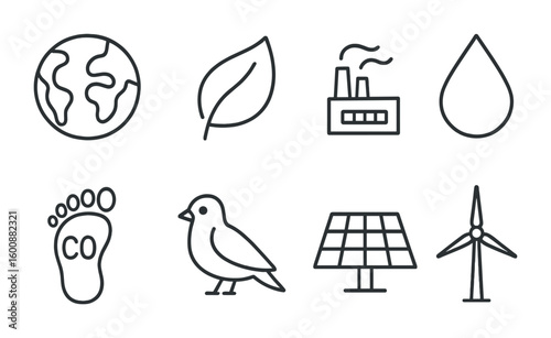 Recycling Icon Set. Outline icon set of Environmental benefits of recycling: clean earth, green leaf, reduced