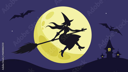  Halloween Witch Flying on Broomstick Silhouette Against Full Moon and Haunted House