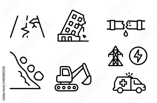 Thawing Infrastructure Icons. Outline icon set of thawing impacts on infrastructure: damaged roads, collapsing