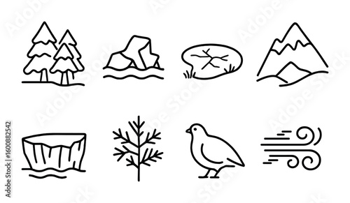 Frozen Landscape Icons. Outline icon set of frozen landscapes: snow-covered trees, icebergs, frozen lakes,