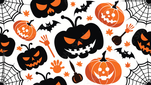 Spooky Halloween Jack-o'-Lanterns, Spiderwebs, and Gravestones Seamless Pattern