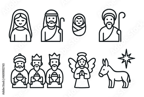 Nativity Icon Set. Outline icon set of Nativity characters: Mary, Joseph, baby Jesus, shepherd, wise men,