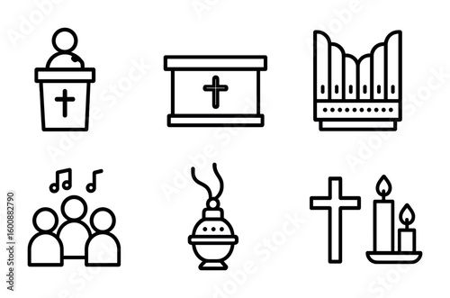 Church Worship Icons. Outline icon set of Church services and worship: pulpit, altar, hymn book, organ, choir,