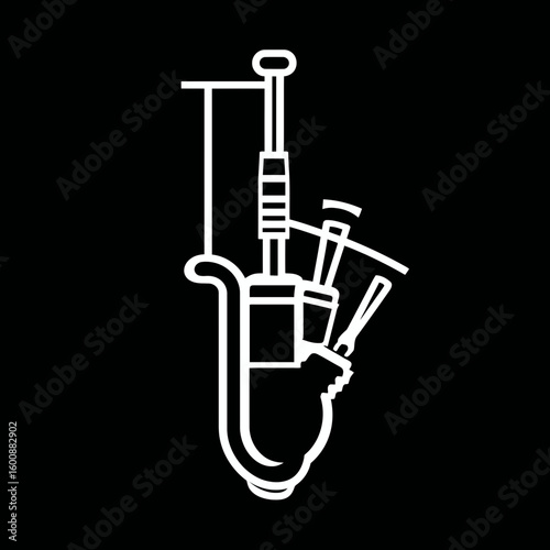 White bagpipe icon stands solo against black backdrop musical instrument detail artistic