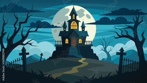 Spooky Haunted House and Bare Trees Silhouette Against Full Moon Halloween Scene
