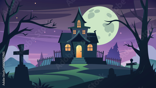 Spooky Haunted House and Bare Trees Silhouette Against Full Moon Halloween Scene