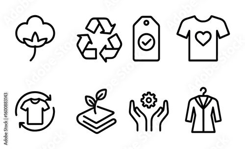 Sustainable Fashion Icons. Outline icon set of sustainable fashion alternatives: organic cotton, recycling