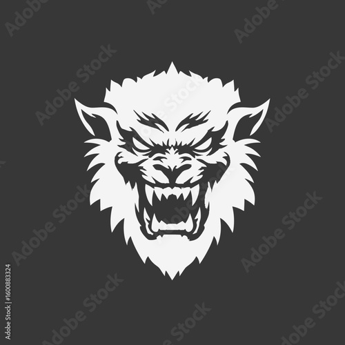 Fierce wolf graphic roars aggressively showcasing fangs emblem dark background