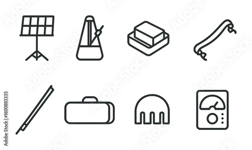 Violin Accessories Icons. Outline icon set of violin performance accessories: music stand, metronome, rosin,