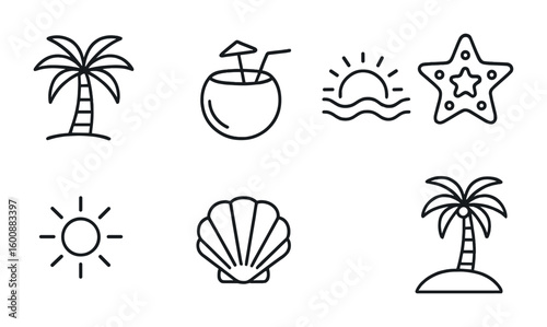 Tropical Icon Set. Outline icon set of tropical destinations: palm tree, coconut drink, beach, waves, starfish