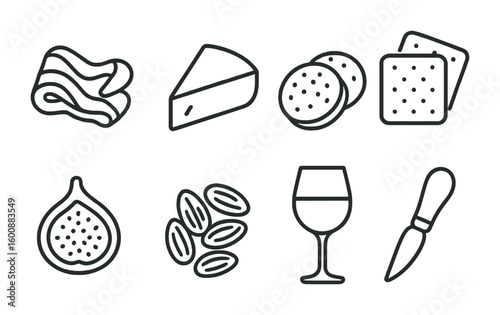 Gourmet Appetizer Icons. Outline icon set of gourmet appetizer preparation: prosciutto, brie, salami, crackers