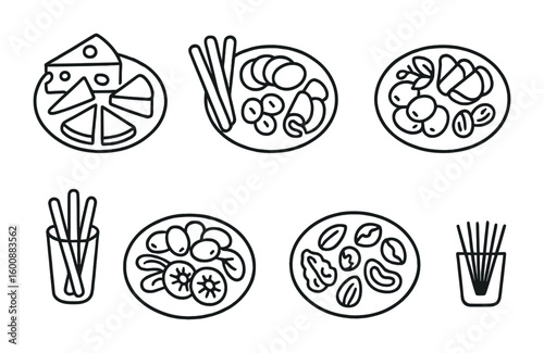 Festive Snack Icons. Outline icon set of festive snack platters: cheese platter, cured meats, breadsticks,