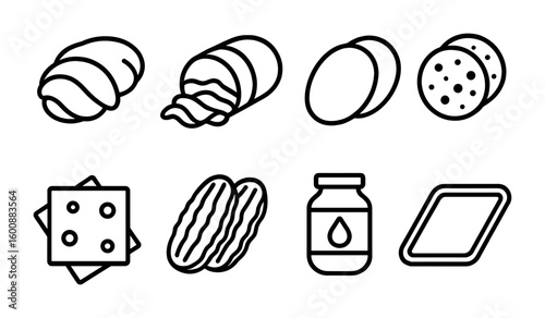 Deli Meat Icons. Outline icon set of deli meat selection: turkey slices, roast beef, ham, pepperoni, cheese
